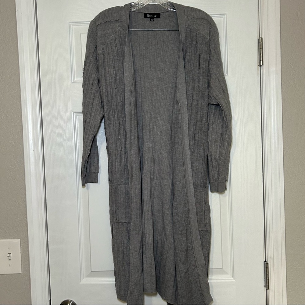 Two Sisters Heather Gray Longline Cardigan distressed artsy cozy casual minimal